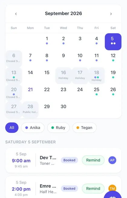 SoleHQ calendar with staff filters and the day’s appointments