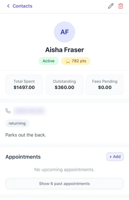 SoleHQ client profile showing total spent, outstanding and appointments