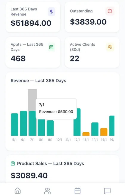 SoleHQ dashboard with revenue, outstanding, appointments and a revenue chart
